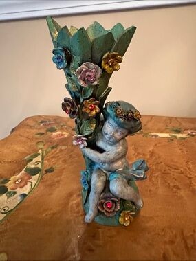 Decorative Cherub Vase in Turquoise with Floral Accents